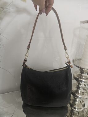 Danier Black Leather Shoulder Bag with Tan Strap